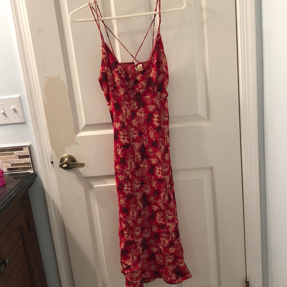 Calf length red spaghetti strap dress